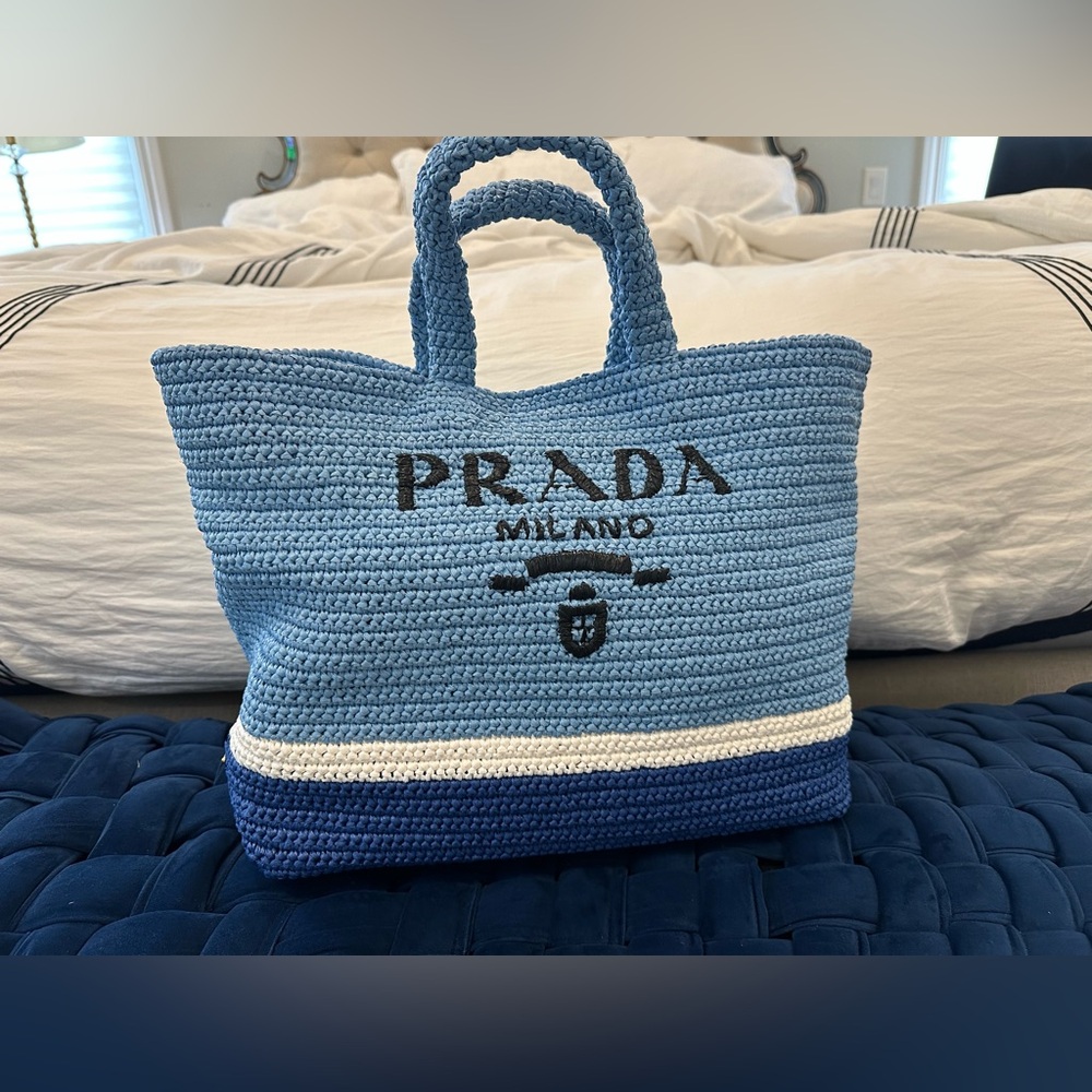 Prada Large Raffia Tote Beach Bag Shopping Light Blue - Picture 7 of 12